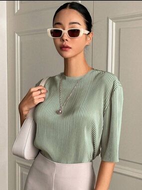 Pleated Mint Green Women’s Top - Elegant Short Sleeve Blouse